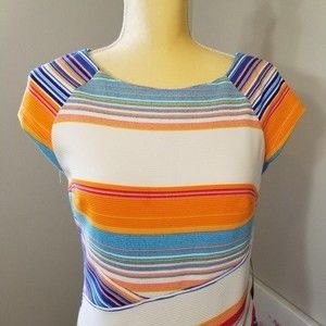 New York & Company Dress NEW Small Tropical Sheath Orange/Blue Stretchy N…